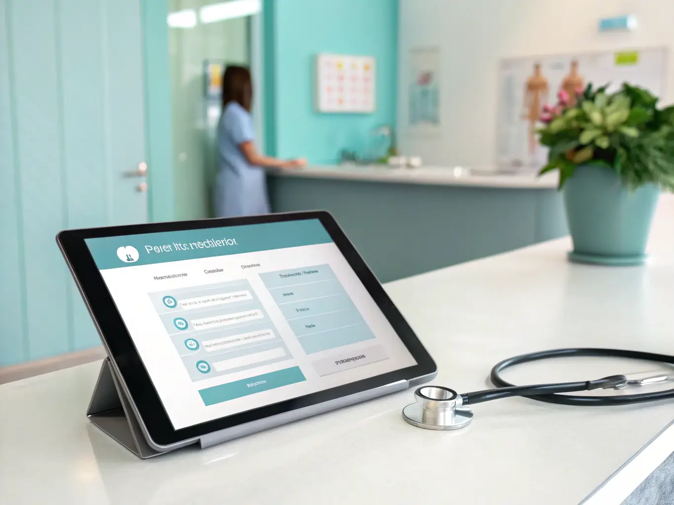 A collection of downloadable patient forms and informational brochures neatly organized on a digital tablet.