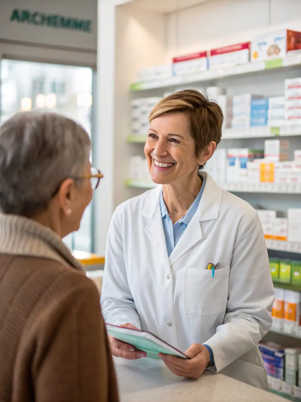 A pharmacist assisting a patient with their medication at Business 43, providing information and ensuring they understand the dosage and potential side effects.