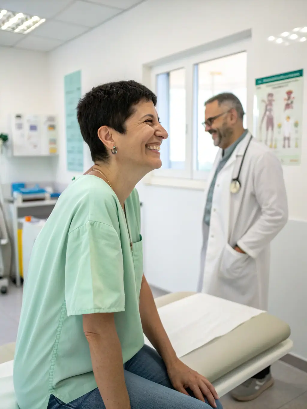A friendly healthcare professional conducting a general health checkup with a patient in a modern, well-lit clinic setting. The patient is smiling and relaxed, and the doctor is attentive and professional.