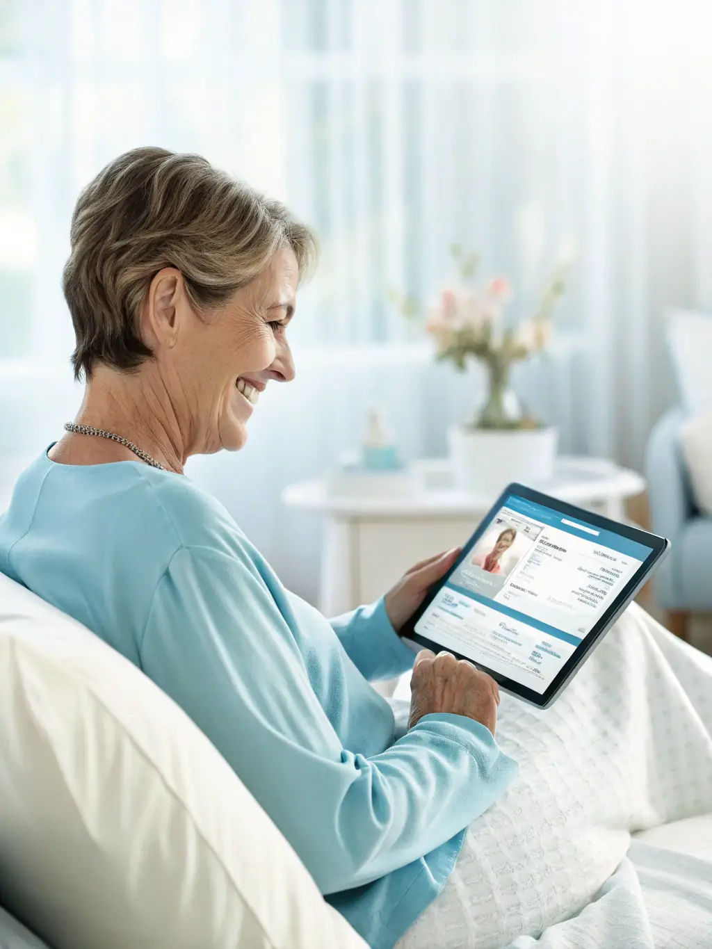 A patient easily scheduling an appointment on a tablet, illustrating the convenience of Business 43's appointment system.