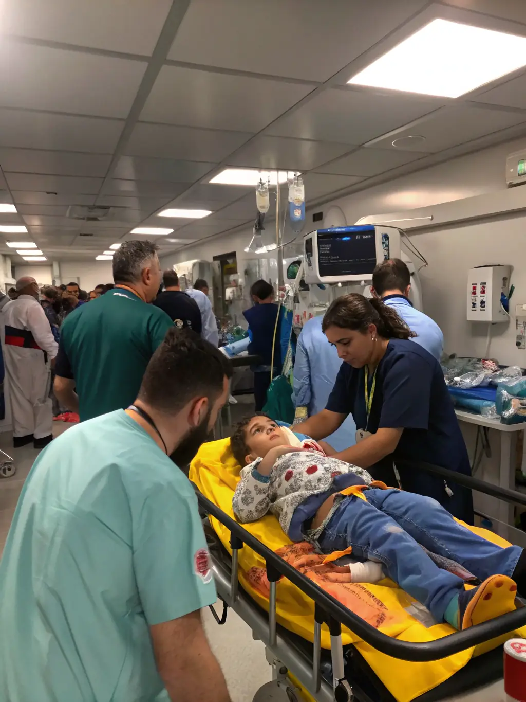 An emergency medical team attending to a patient in a bustling hospital emergency room. The team is focused and efficient, providing immediate care.