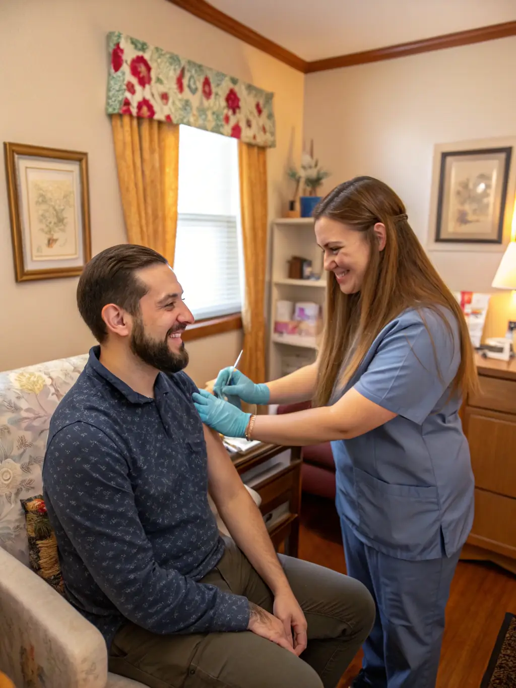A nurse administering a vaccine to a child in a bright and cheerful clinic. The child is calm and the nurse is gentle and reassuring.