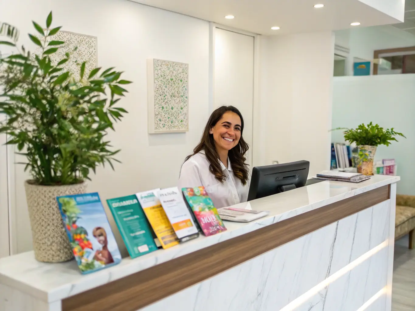 A friendly Business 43 staff member assisting a patient with their insurance paperwork at the reception desk.