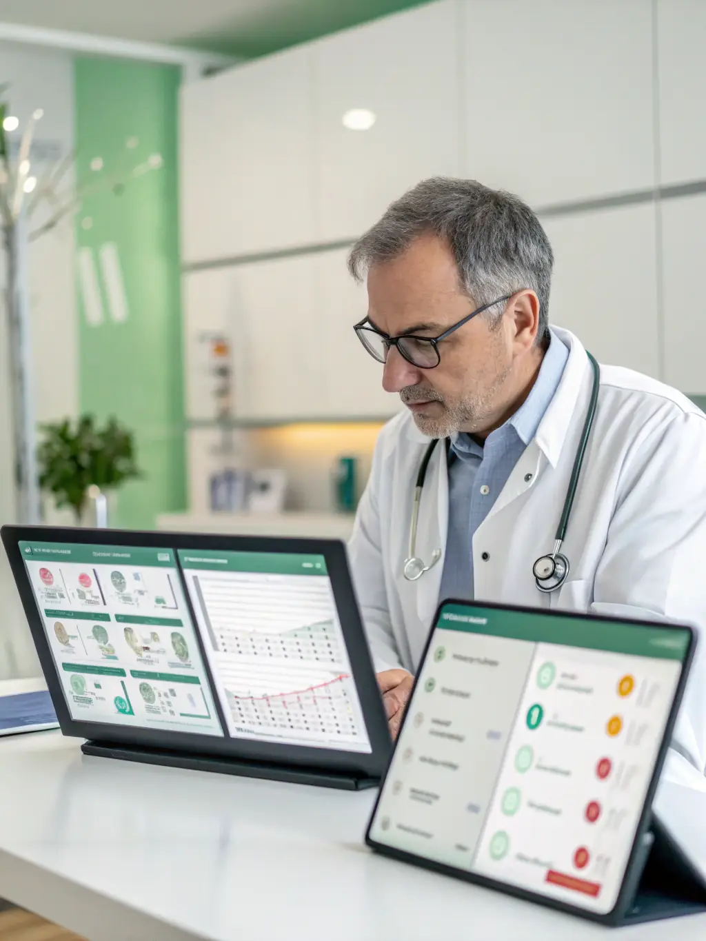 A doctor consulting with a patient, reviewing medical scans and discussing treatment options in a modern, well-equipped clinic. The atmosphere is calm and reassuring.