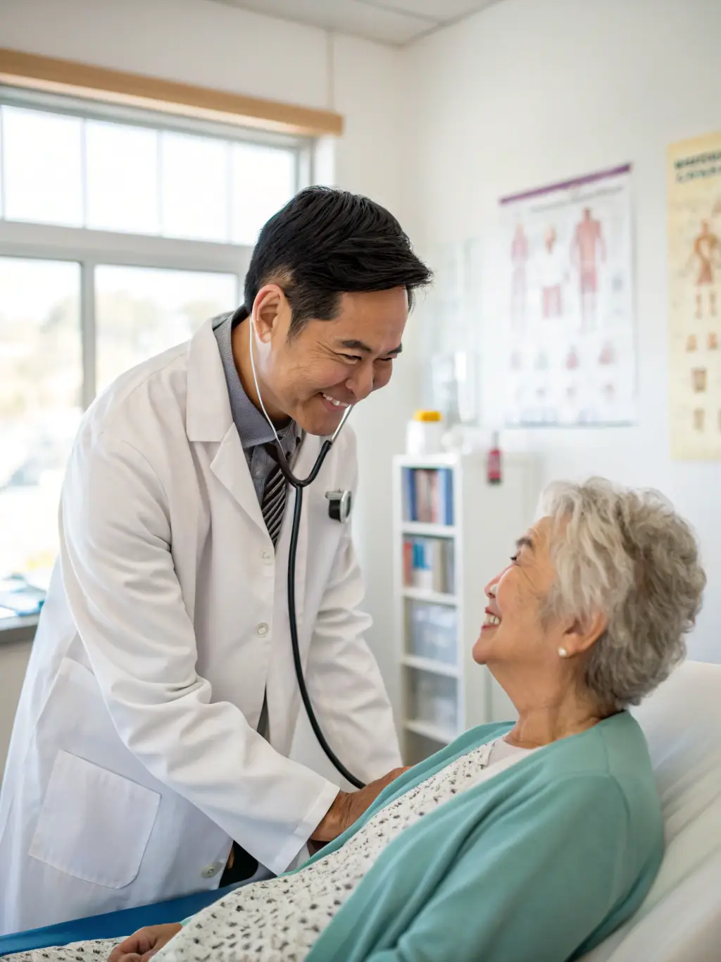 A friendly doctor using a stethoscope to listen to a patient's heart during a general health checkup in a well-lit clinic room at Business 43.