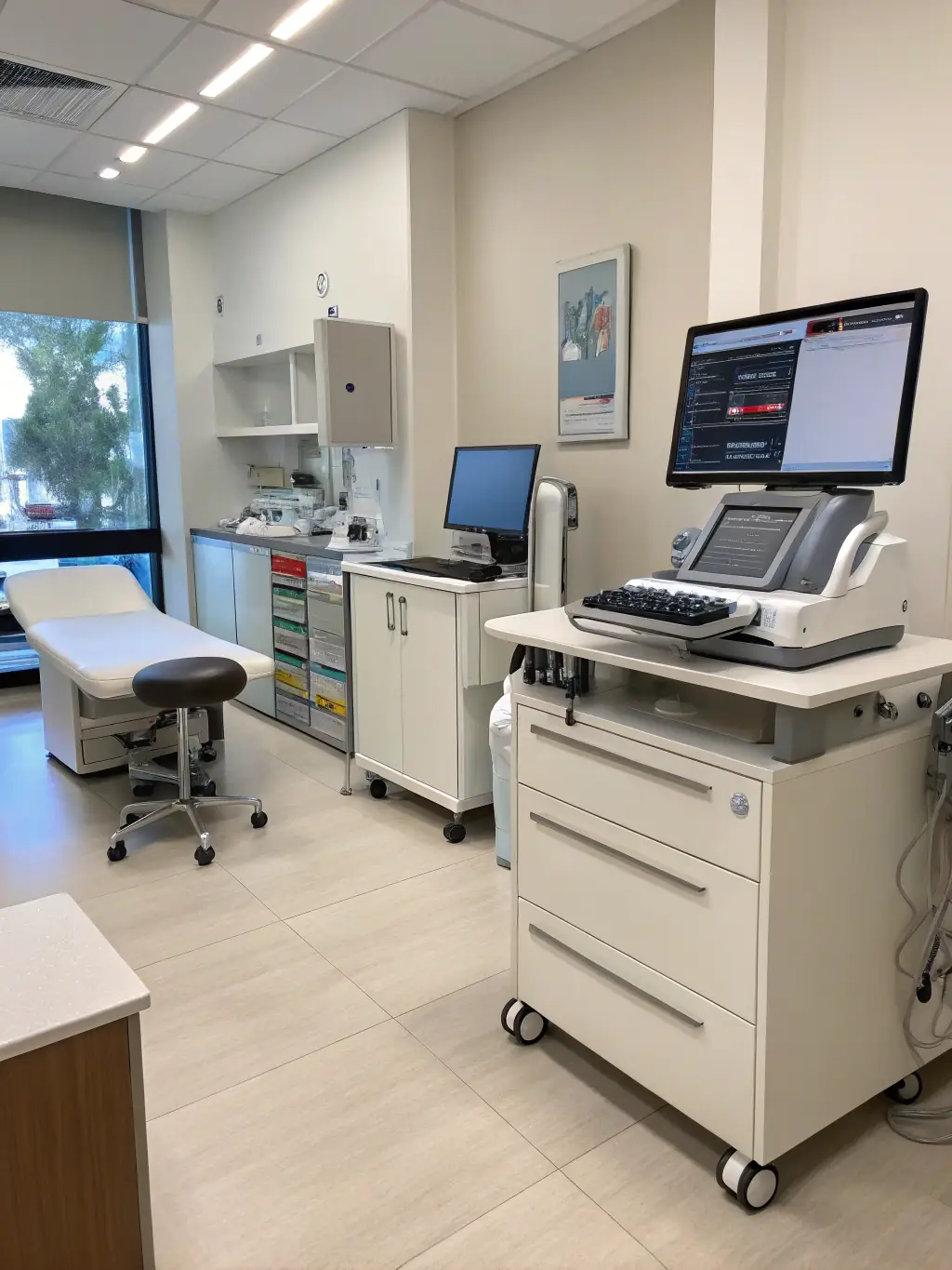 A modern, clean medical office with advanced diagnostic equipment visible in the background, symbolizing Business 43's commitment to technology.